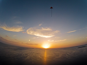 GoPro HD Hero2 hanging on picavet on kite line of Into The Wind 9-foot Levitation Delta kite flying above Sunset Beach Park in Tarpon Springs, Florida